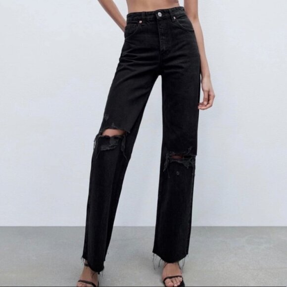Zara black wide leg ripped knee Jeans Size 6 High Waisted Y2K - Picture 1 of 9